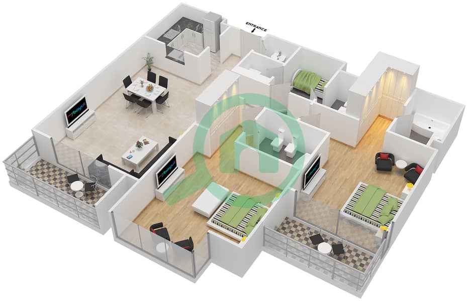 المخططات الطابقية لتصميم النموذج 1(2B-A) شقة 2 غرفة نوم - جرين ليك 1 interactive3D