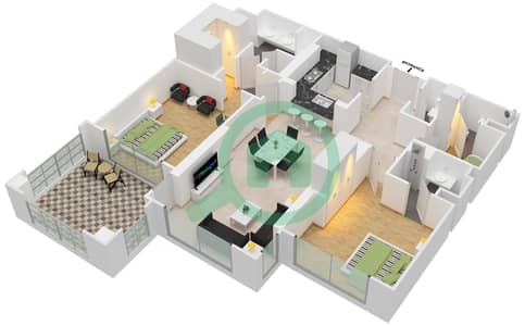 المخططات الطابقية لتصميم النموذج C شقة 2 غرفة نوم - مارينا ريزيدنسز 1