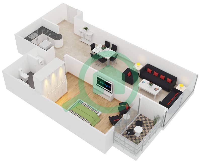环球湖景大厦 - 1 卧室公寓类型A戶型图 interactive3D
