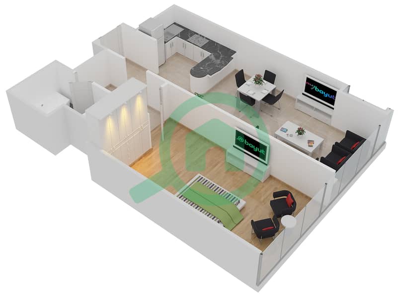 Глобал Лейк Вью - Апартамент 1 Спальня планировка Тип B interactive3D