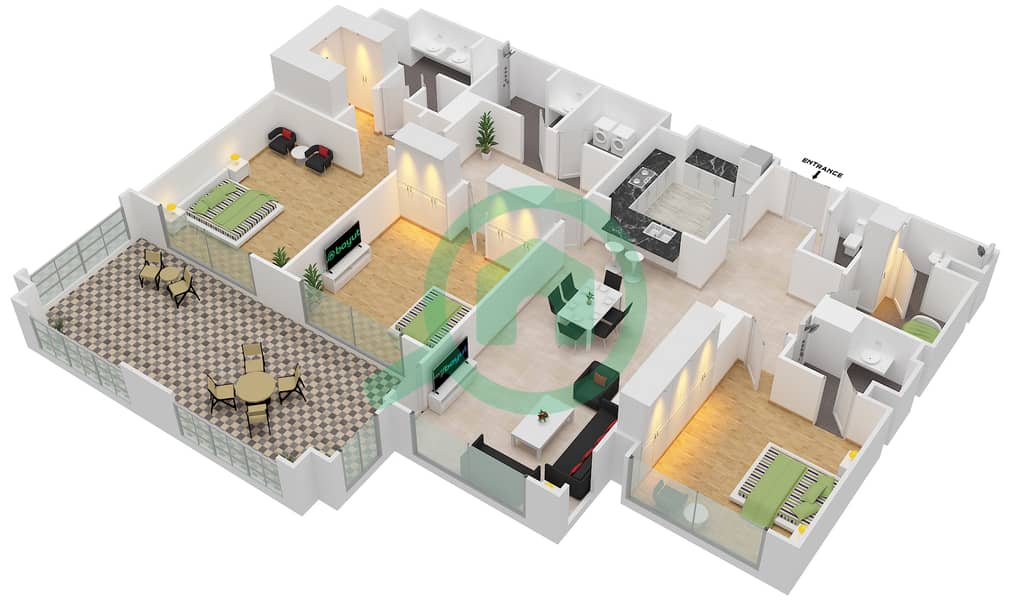 المخططات الطابقية لتصميم النموذج B شقة 3 غرف نوم - مساكن مارينا 3 interactive3D