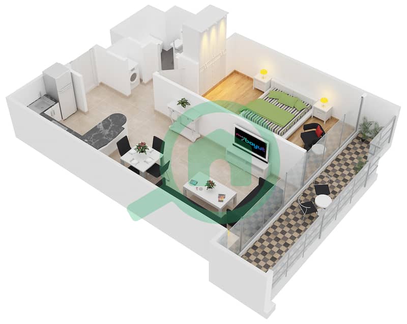 المخططات الطابقية لتصميم النموذج C شقة 1 غرفة نوم - جلوبال ليك فيو interactive3D