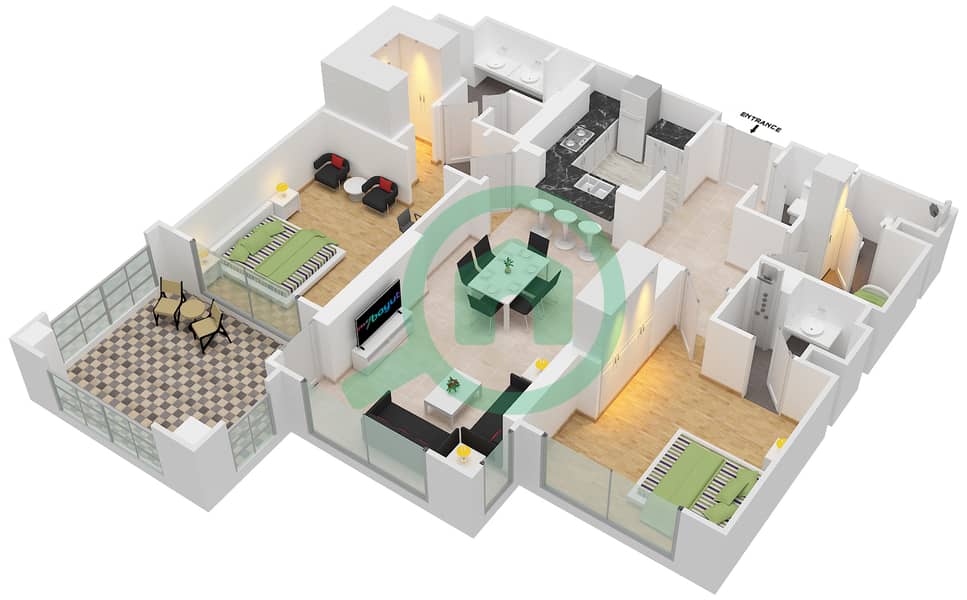 المخططات الطابقية لتصميم النموذج C شقة 2 غرفة نوم - مساكن مارينا 3 interactive3D