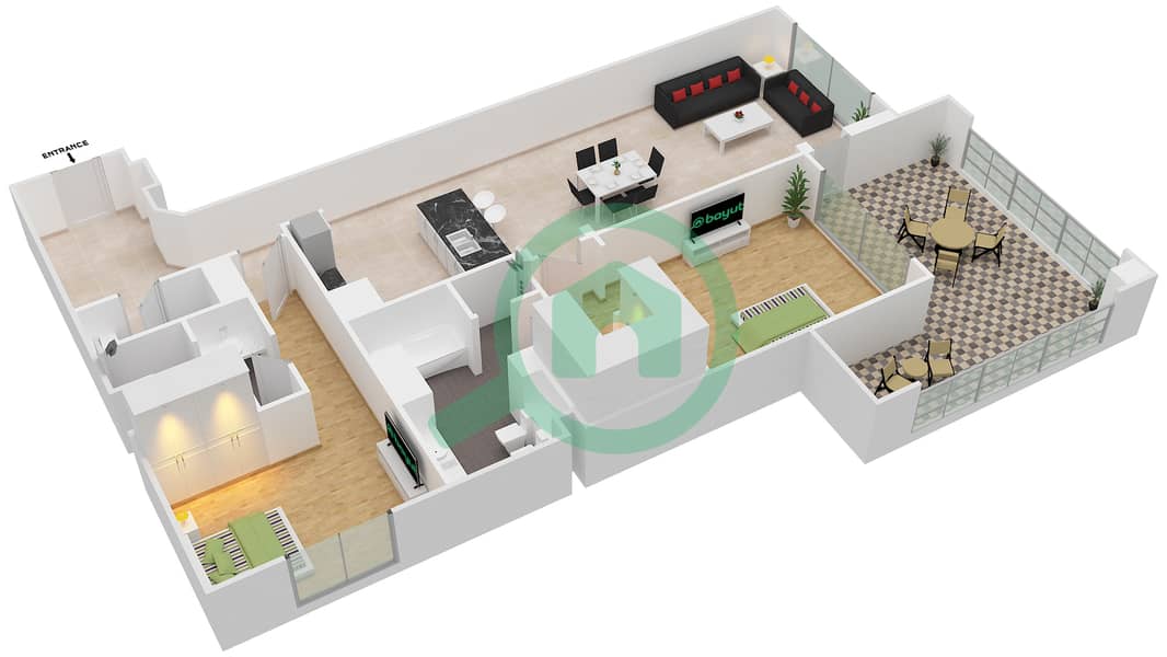 Марина Резиденсес 3 - Апартамент 2 Cпальни планировка Тип D interactive3D