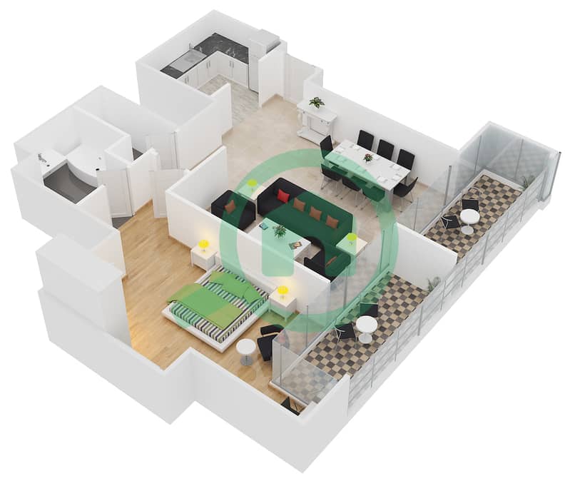 Глобал Лейк Вью - Апартамент 1 Спальня планировка Тип D interactive3D