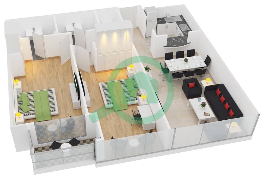 Глобал Лейк Вью - Апартамент 2 Cпальни планировка Тип A interactive3D