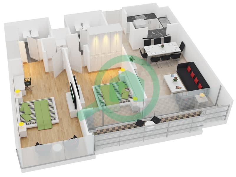المخططات الطابقية لتصميم النموذج B شقة 2 غرفة نوم - جلوبال ليك فيو interactive3D