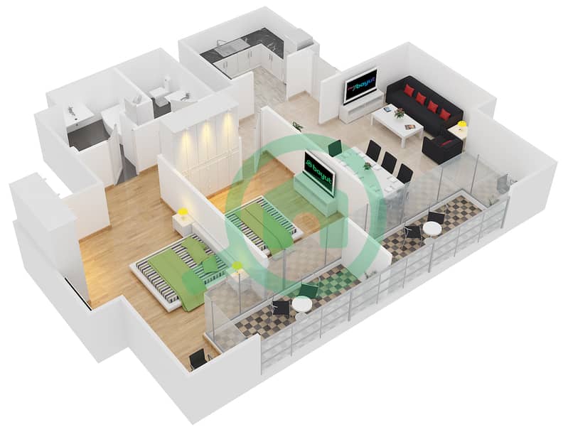 المخططات الطابقية لتصميم النموذج C شقة 2 غرفة نوم - جلوبال ليك فيو interactive3D