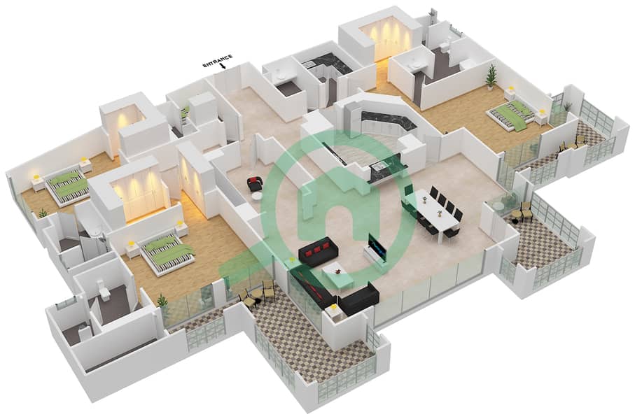 Марина Резиденс 4 - Апартамент 3 Cпальни планировка Тип A interactive3D