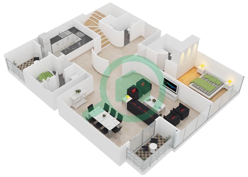 المخططات الطابقية لتصميم النموذج DUPLEX 2 شقة 4 غرف نوم - جلوبال ليك فيو interactive3D