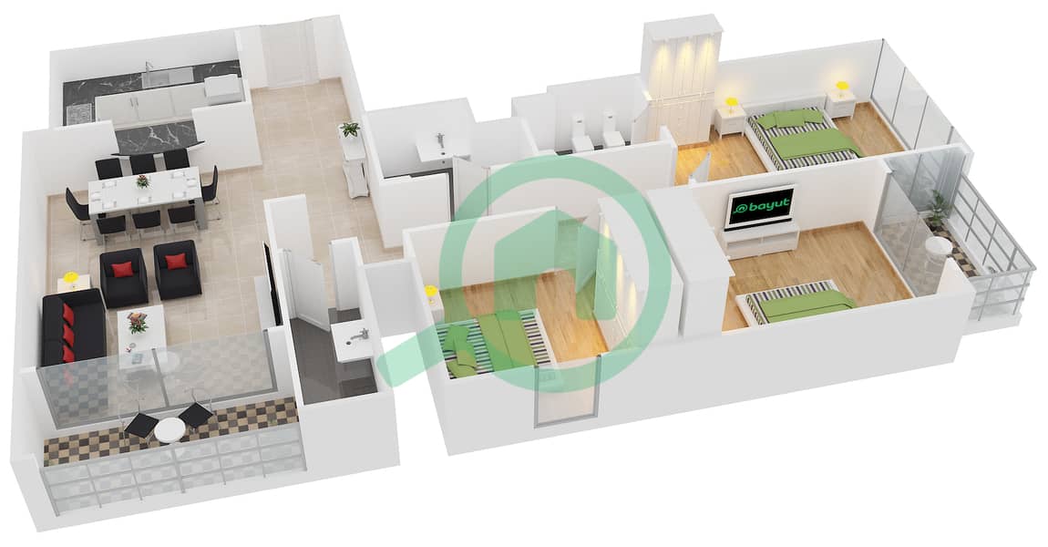 المخططات الطابقية لتصميم النموذج B شقة 3 غرف نوم - جلوبال ليك فيو interactive3D