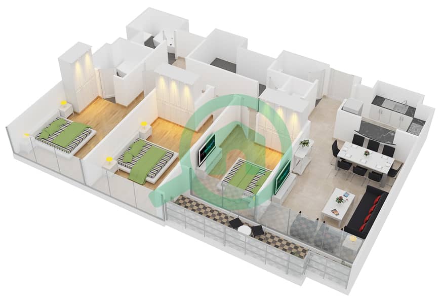 المخططات الطابقية لتصميم النموذج A شقة 3 غرف نوم - جلوبال ليك فيو interactive3D