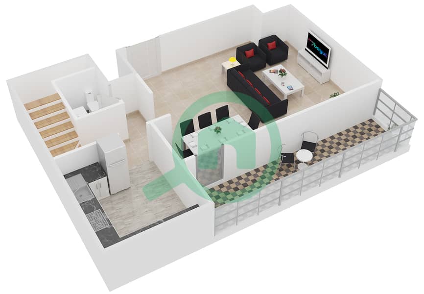 المخططات الطابقية لتصميم النموذج DUPLEX 1 شقة 3 غرف نوم - جلوبال ليك فيو interactive3D