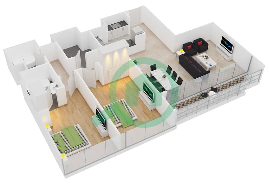 المخططات الطابقية لتصميم النموذج D شقة 2 غرفة نوم - جلوبال ليك فيو interactive3D