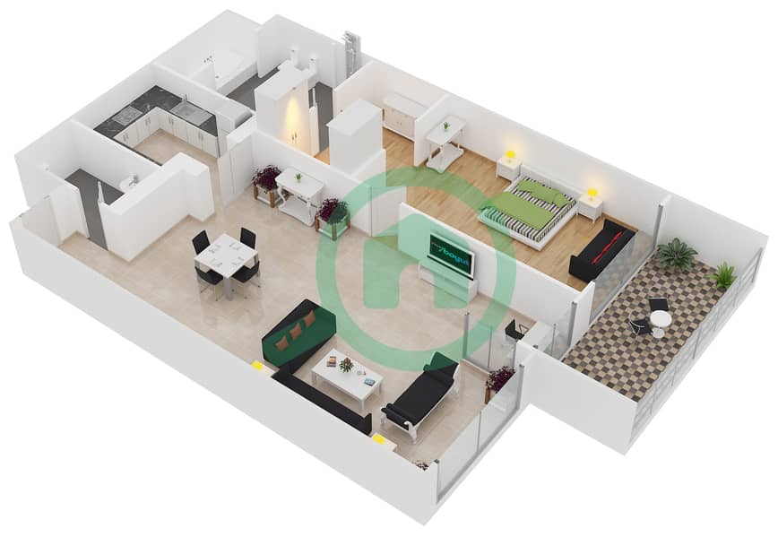 المخططات الطابقية لتصميم النموذج B شقة 1 غرفة نوم - منتجع و سبا ذا رويال أمواج interactive3D