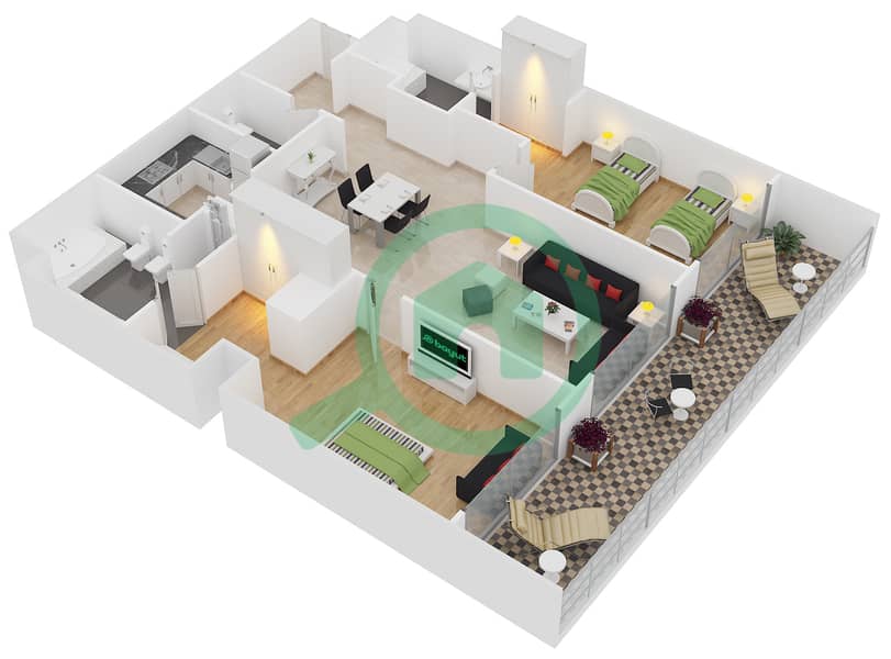 The Royal Amwaj Resort & Spa - 2 Bedroom Apartment Type C Floor plan interactive3D