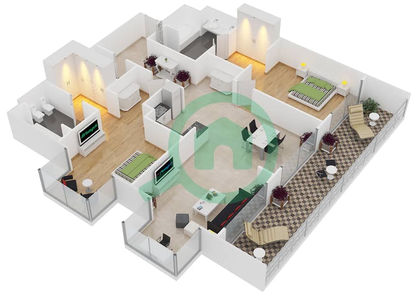 The Royal Amwaj Resort & Spa - 2 Bedroom Apartment Type D Floor plan interactive3D