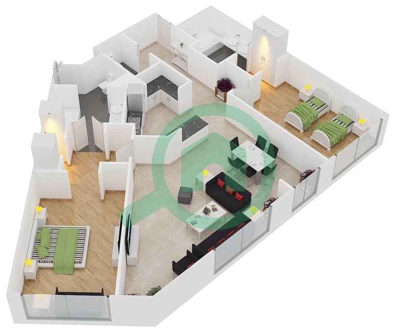 المخططات الطابقية لتصميم النموذج E شقة 2 غرفة نوم - منتجع و سبا ذا رويال أمواج interactive3D