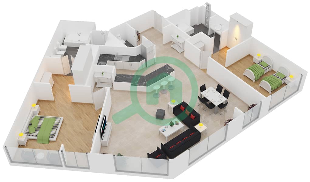 The Royal Amwaj Resort & Spa - 2 Bedroom Apartment Type F Floor plan interactive3D