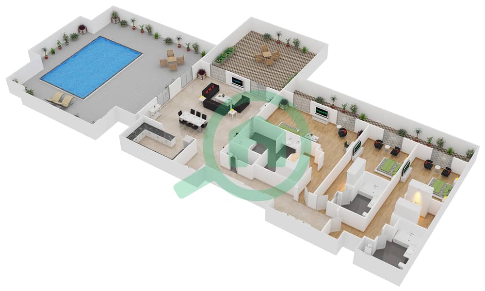 المخططات الطابقية لتصميم النموذج C بنتهاوس 3 غرف نوم - منتجع و سبا ذا رويال أمواج interactive3D