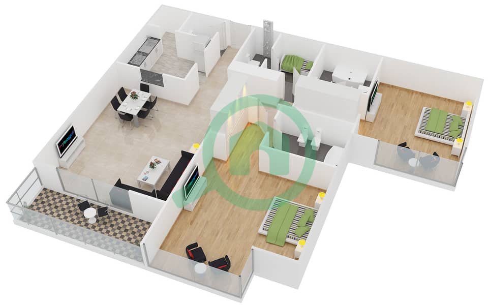 Грин Лейкс 3 - Апартамент 2 Cпальни планировка Тип 2B-C interactive3D