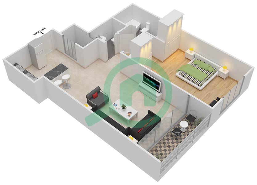 المخططات الطابقية لتصميم النموذج B شقة 1 غرفة نوم - الوليد بارادايس interactive3D
