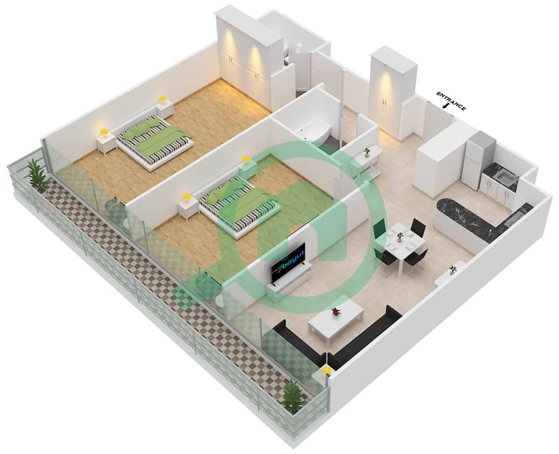 المخططات الطابقية لتصميم النموذج B2-2 شقة 2 غرفة نوم - برج قوس دبي interactive3D