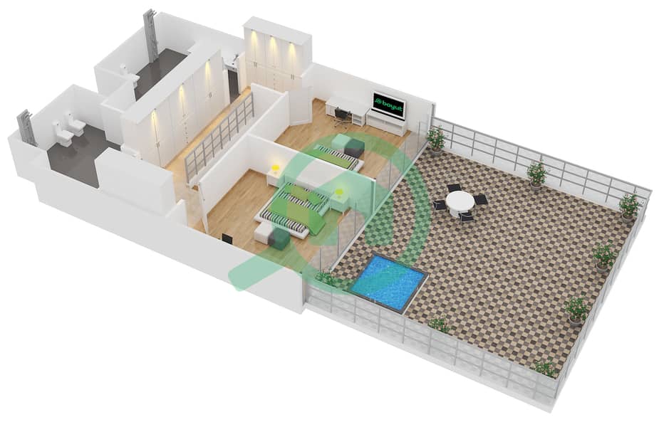 المخططات الطابقية لتصميم النموذج DUPLEX SUITE شقة 2 غرفة نوم - فايسروي سجنتشر ريزيدنس interactive3D