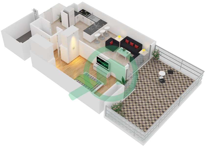 المخططات الطابقية لتصميم النموذج A3 شقة 1 غرفة نوم - برج آي غو 101 interactive3D