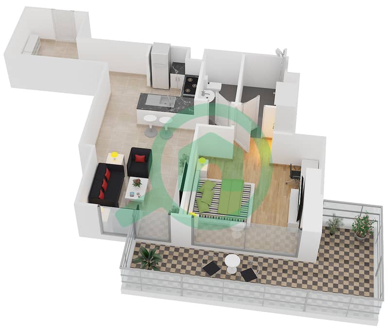 المخططات الطابقية لتصميم النموذج C شقة 1 غرفة نوم - برج آي غو 101 interactive3D