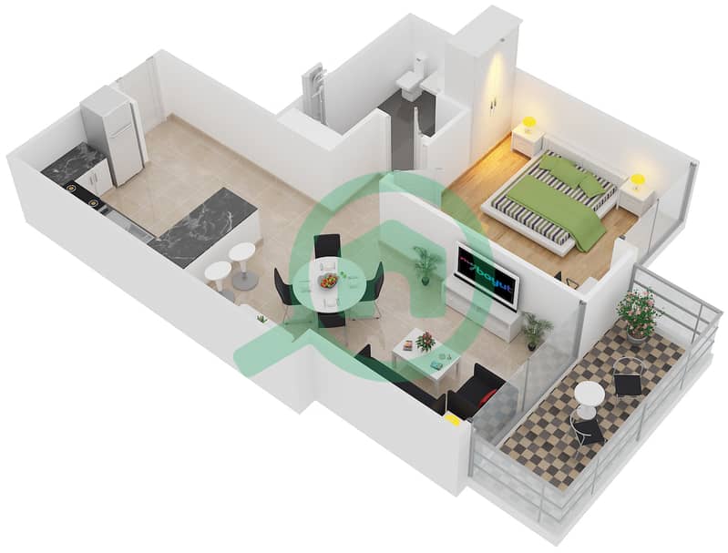 المخططات الطابقية لتصميم النموذج D شقة 1 غرفة نوم - برج آي غو 101 interactive3D