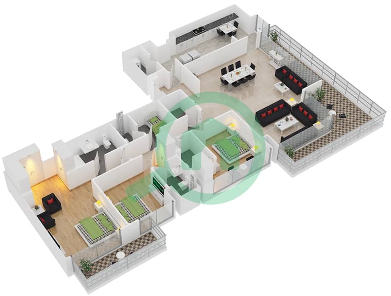 المخططات الطابقية لتصميم النموذج B1 شقة 3 غرف نوم - برج آي غو 101 interactive3D