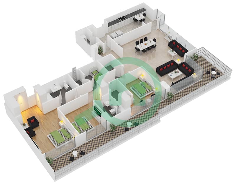 المخططات الطابقية لتصميم النموذج B شقة 3 غرف نوم - برج آي غو 101 interactive3D