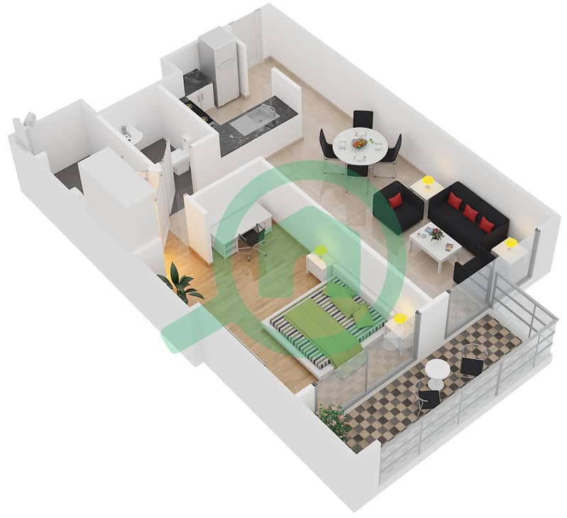 المخططات الطابقية لتصميم النموذج B شقة 1 غرفة نوم - برج آي غو 101 interactive3D