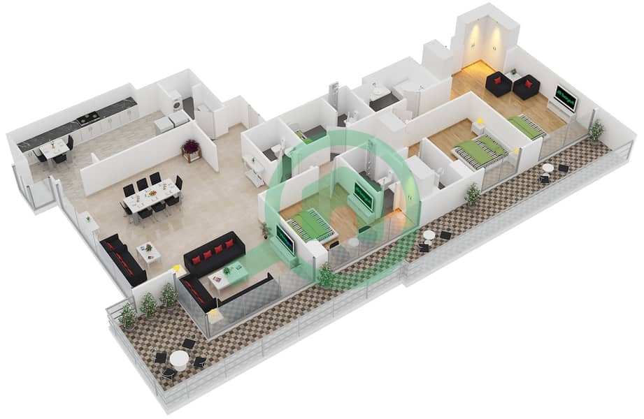 Айго 101 Тауэр - Апартамент 3 Cпальни планировка Тип A interactive3D