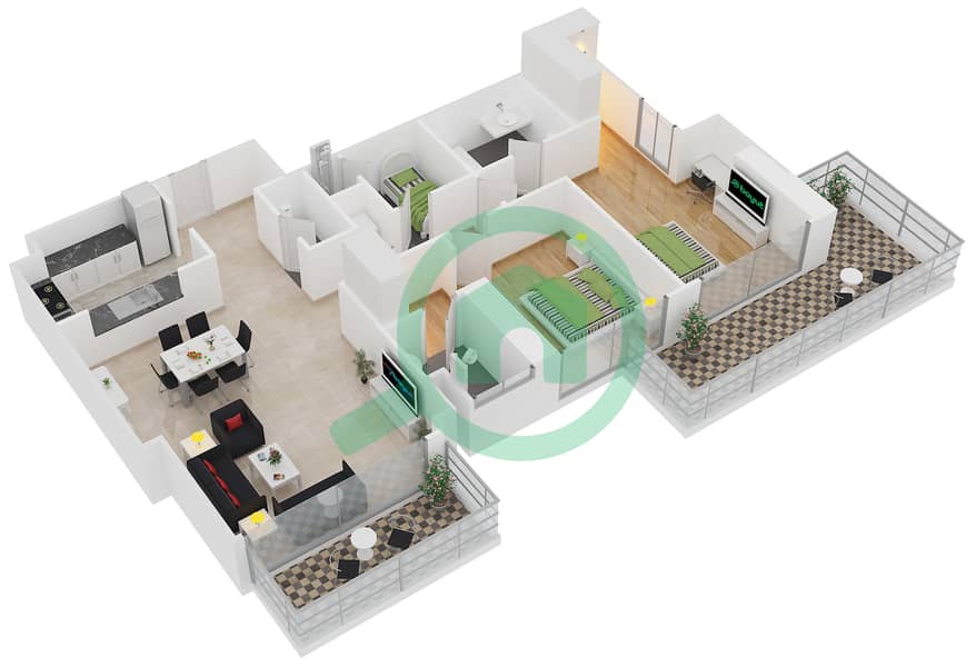 المخططات الطابقية لتصميم النموذج A شقة 2 غرفة نوم - برج آي غو 101 interactive3D