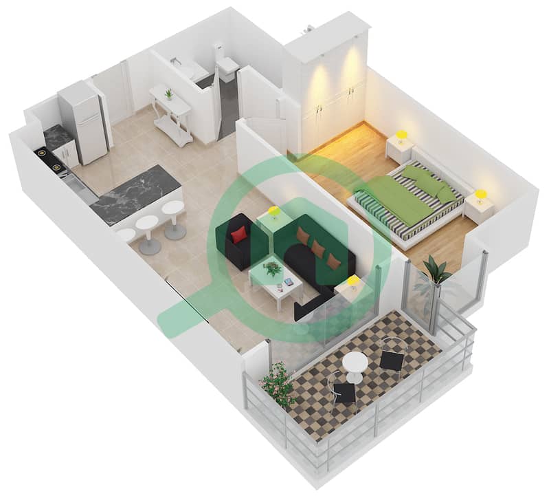 المخططات الطابقية لتصميم النموذج A شقة 1 غرفة نوم - برج آي غو 101 interactive3D