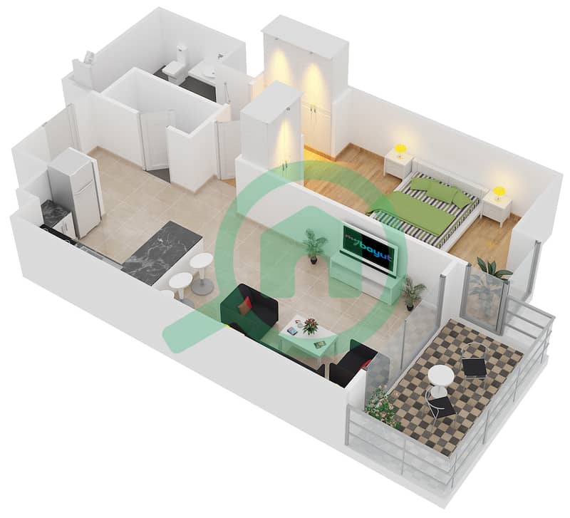 المخططات الطابقية لتصميم النموذج A2 شقة 1 غرفة نوم - برج آي غو 101 interactive3D