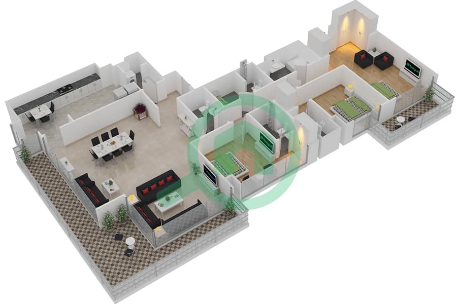 المخططات الطابقية لتصميم النموذج A1 شقة 3 غرف نوم - برج آي غو 101 interactive3D