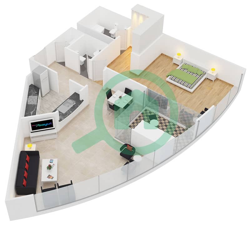 朱美拉湾X1塔 - 1 卧室公寓类型2A戶型图 interactive3D