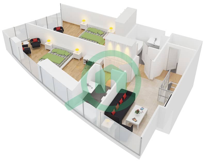 المخططات الطابقية لتصميم النموذج 3 شقة 2 غرفة نوم - خور الجميرا X1 interactive3D