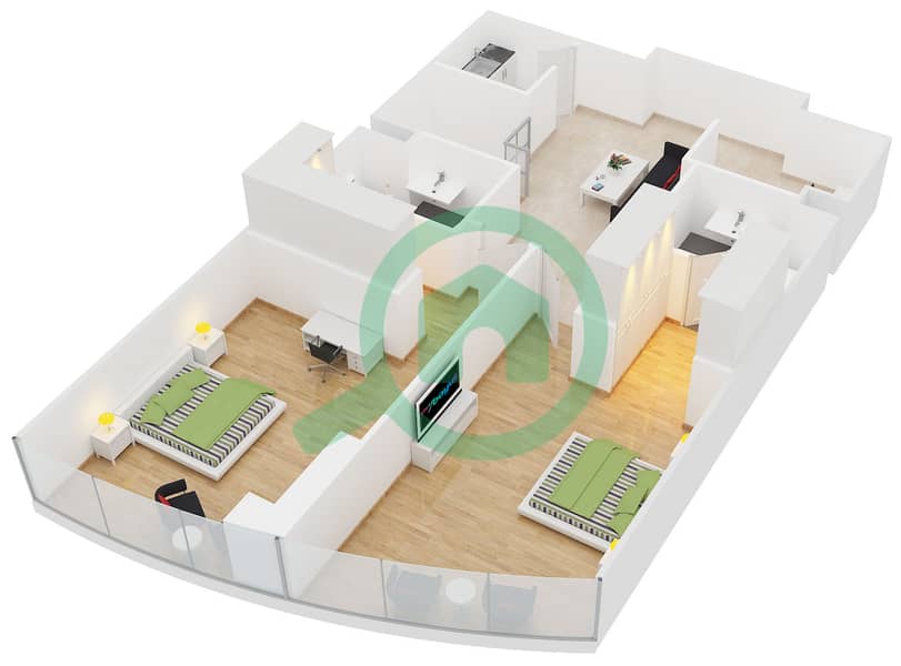 المخططات الطابقية لتصميم النموذج 2 شقة 2 غرفة نوم - خور الجميرا X1 interactive3D