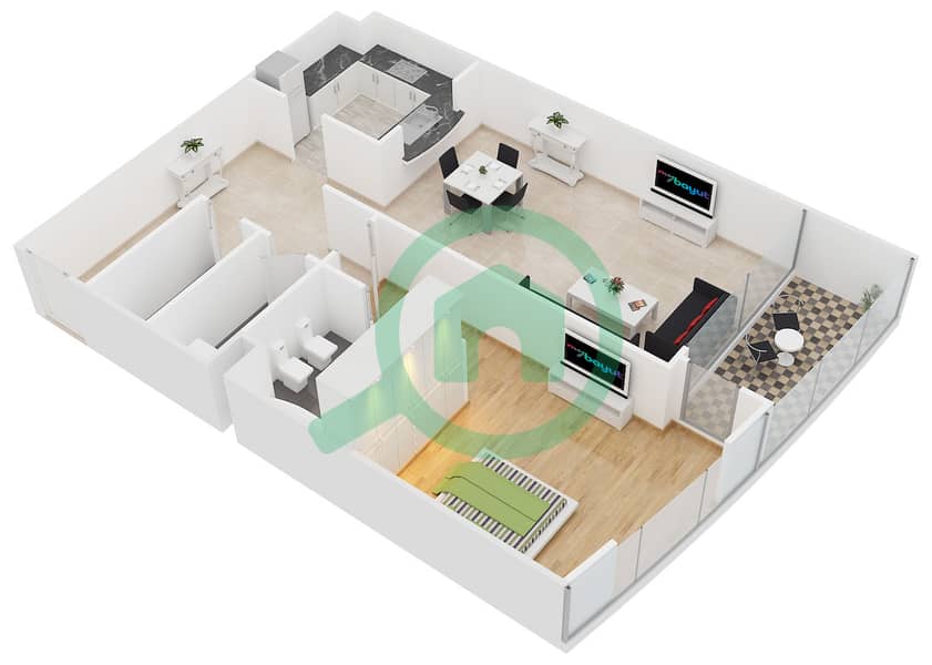 المخططات الطابقية لتصميم النموذج 1 شقة 1 غرفة نوم - خور الجميرا X1 interactive3D