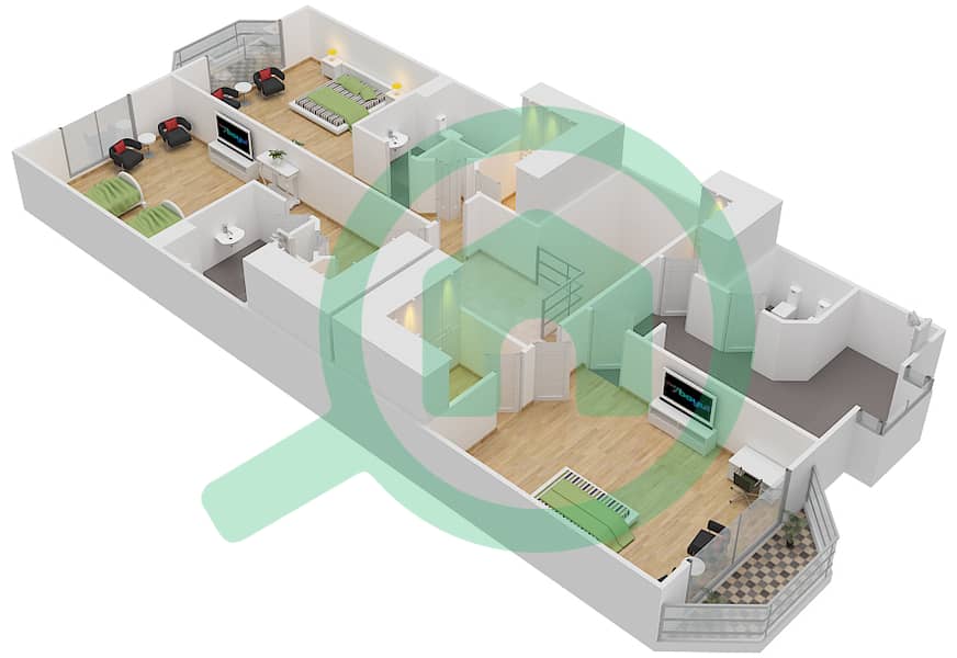 المخططات الطابقية لتصميم النموذج H بنتهاوس 3 غرف نوم - مساكن فيرمونت النخلة شمال interactive3D