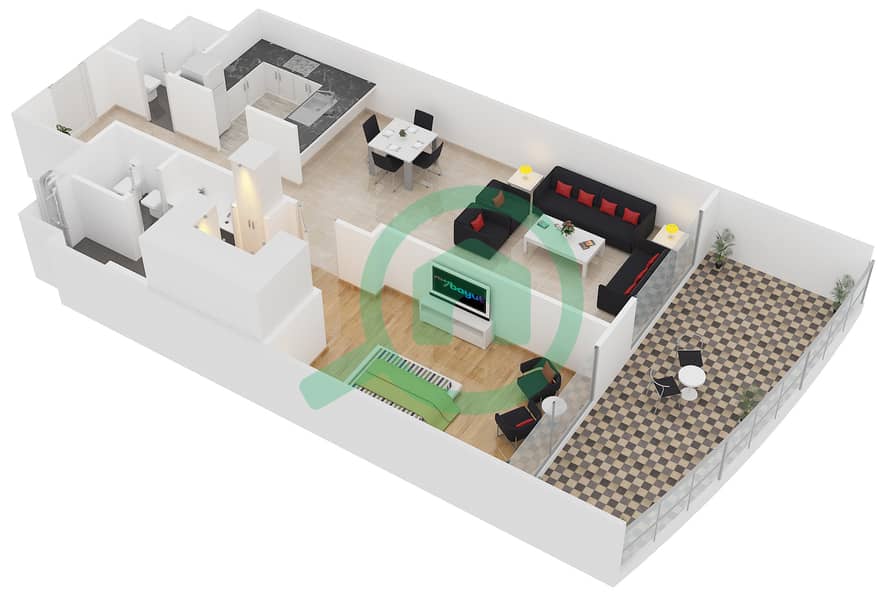 المخططات الطابقية لتصميم النموذج D شقة 1 غرفة نوم - برج لاجونا موفنبيك interactive3D