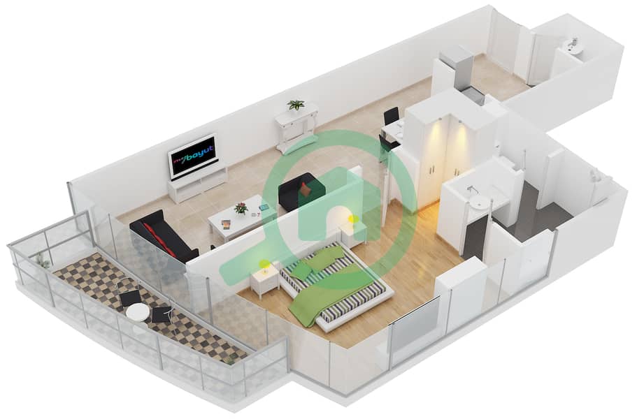 المخططات الطابقية لتصميم النموذج E1 شقة 1 غرفة نوم - برج لاجونا موفنبيك interactive3D