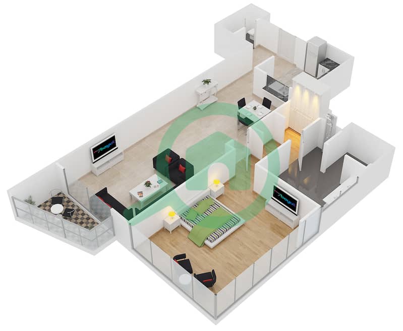 المخططات الطابقية لتصميم النموذج E شقة 1 غرفة نوم - برج لاجونا interactive3D