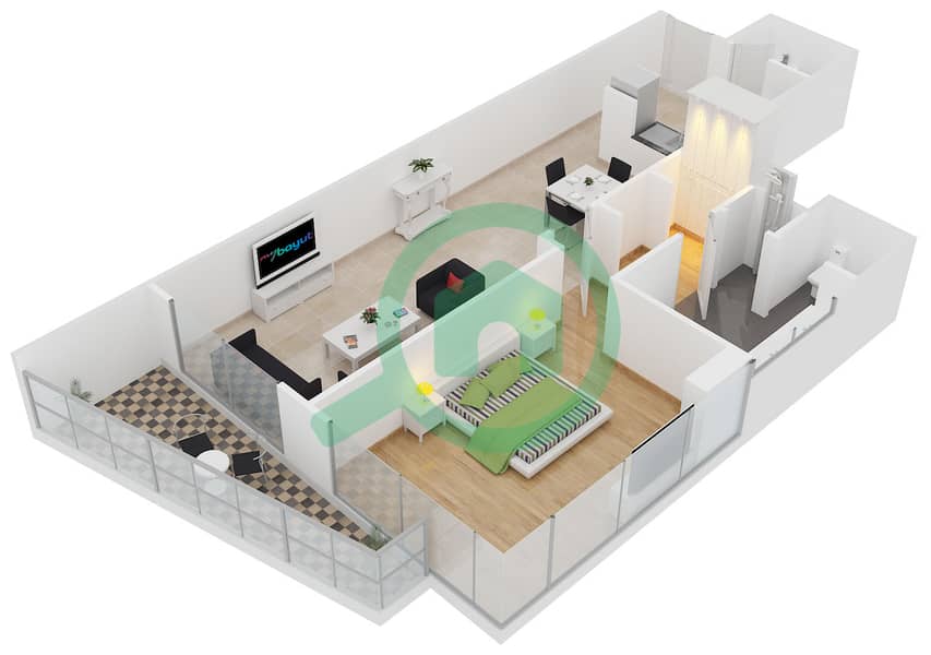 拉古娜大厦 - 1 卧室公寓类型E2戶型图 interactive3D