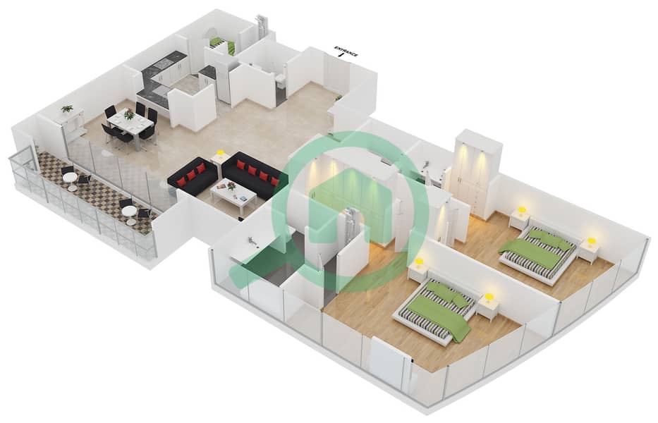 Лагуна Тауэр - Апартамент 2 Cпальни планировка Тип B interactive3D