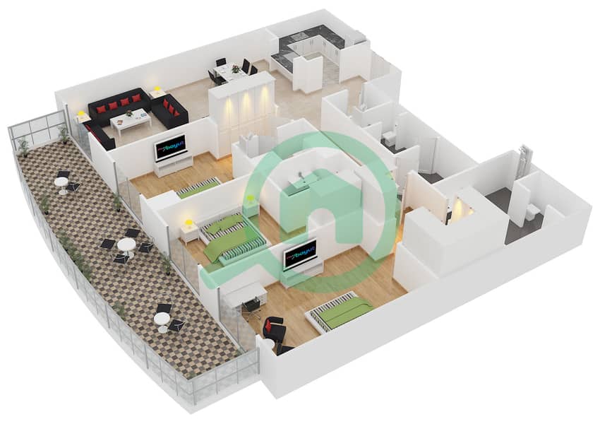 Лагуна Тауэр - Апартамент 3 Cпальни планировка Тип A interactive3D